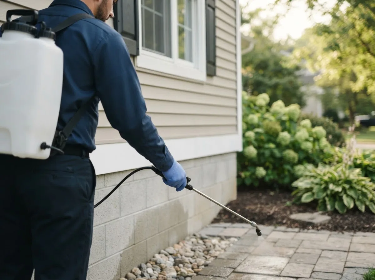Pest control technician inspecting a home in Oneonta, NY